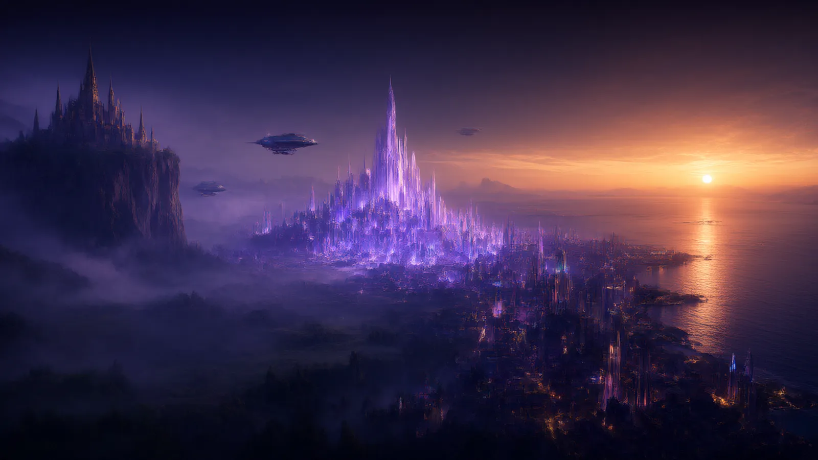 Painted panorama of several game worlds blending into one landscape
